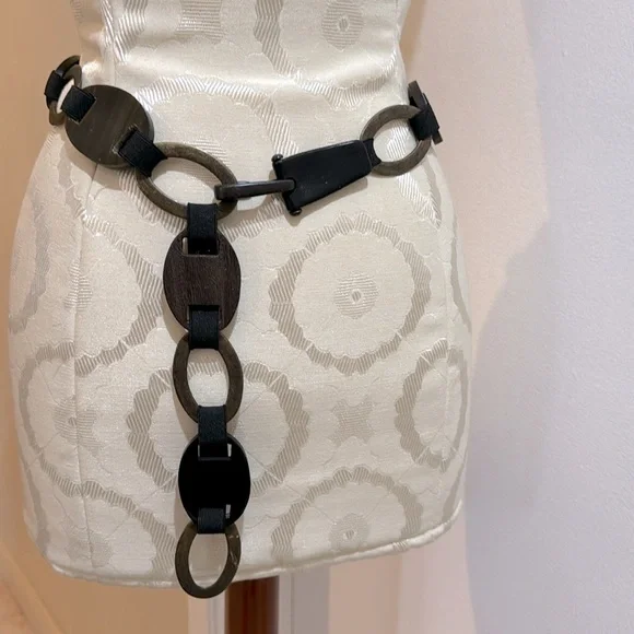 Suzi Rohrer Vintage Oval Brass Links Wood Grain Look Hip Stretch Adjustable Belt - Picture 5 of 14